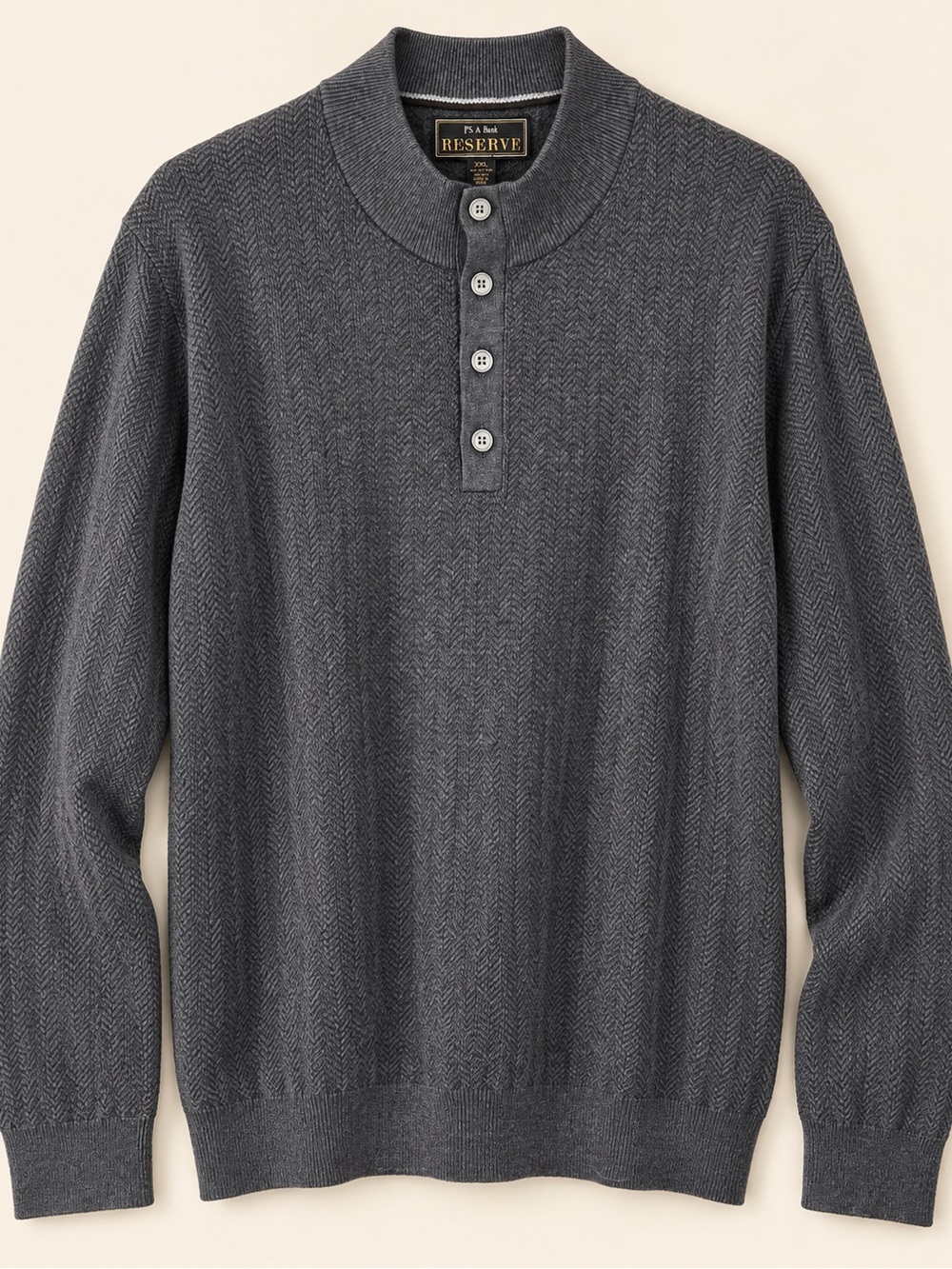 Jos. A. Bank Reserve Men's Charcoal Herringbone Crewneck Henley Sweater